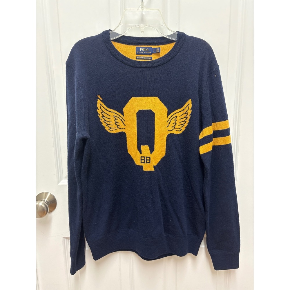 Polo Ralph Lauren Washable Merino Wool Varsity Winged Q Sweater Navy Blue Small